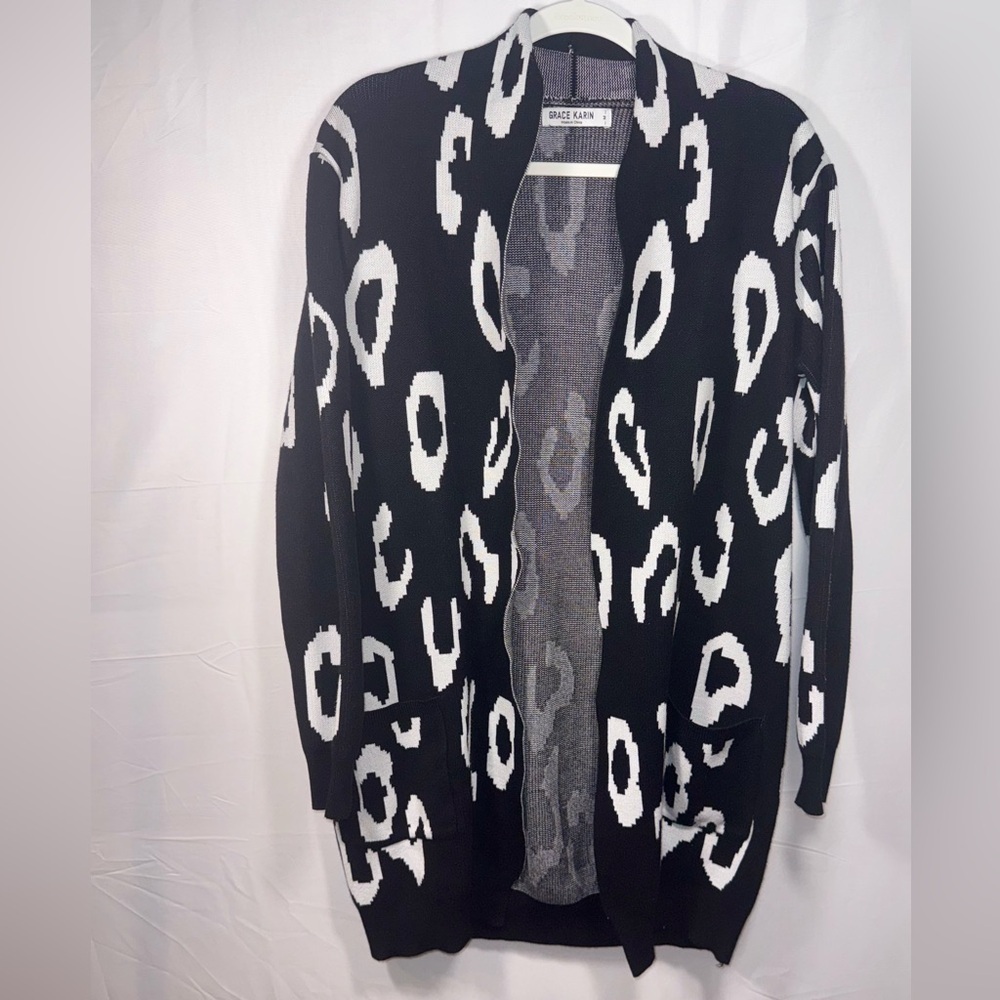 Grace Karin Black/White Leopard-Print Long Open-Front Knit Cardigan Size Medium